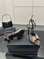 YSL ladies peep-toe stiletto sandals with leopard-print strap panel and ankle bow