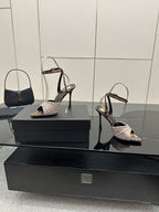 YSL ladies peep-toe stiletto sandals with multi-color patterned straps and stiletto heel