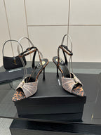 YSL ladies peep-toe stiletto sandals with bow ankle ties and leopard-print side straps