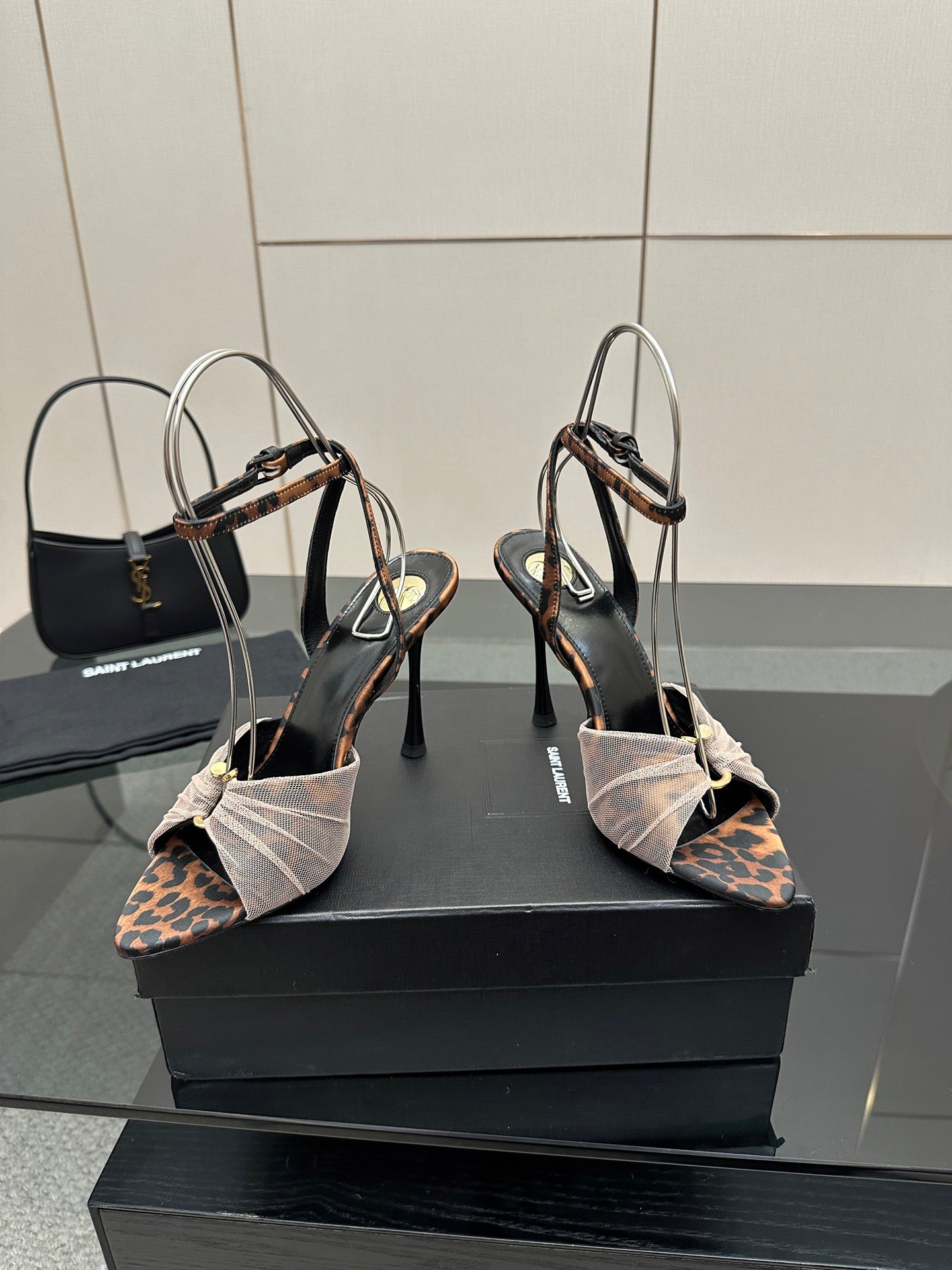 YSL ladies peep-toe stiletto sandals with bow ankle ties and leopard-print side straps