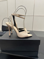 YSL ladies beige strappy heeled sandals with decorative bar across straps