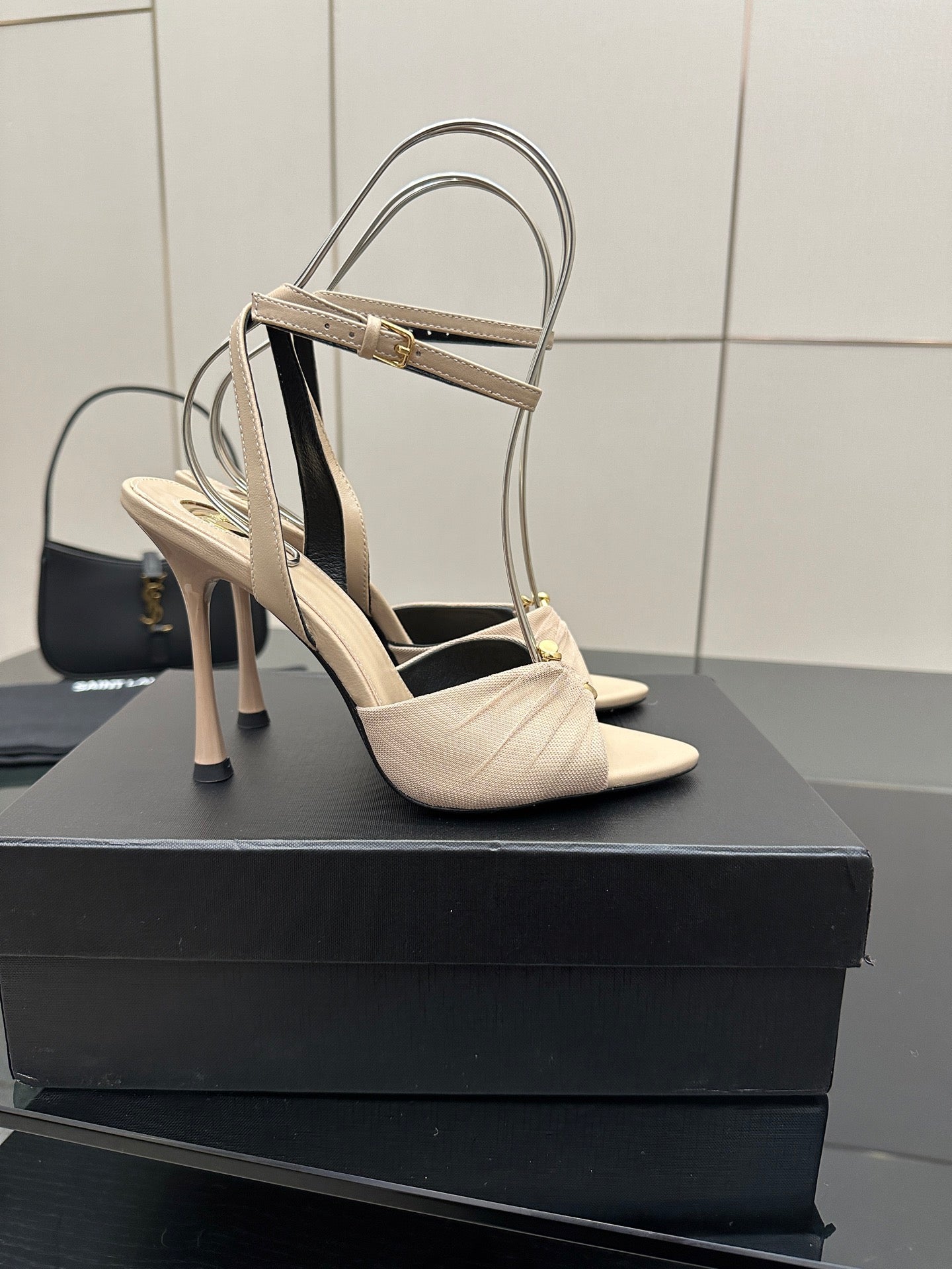 YSL ladies beige strappy heeled sandals with decorative bar across straps