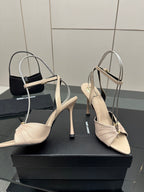 YSL ladies beige strappy heeled sandals with pointed toe and slim heels, close view