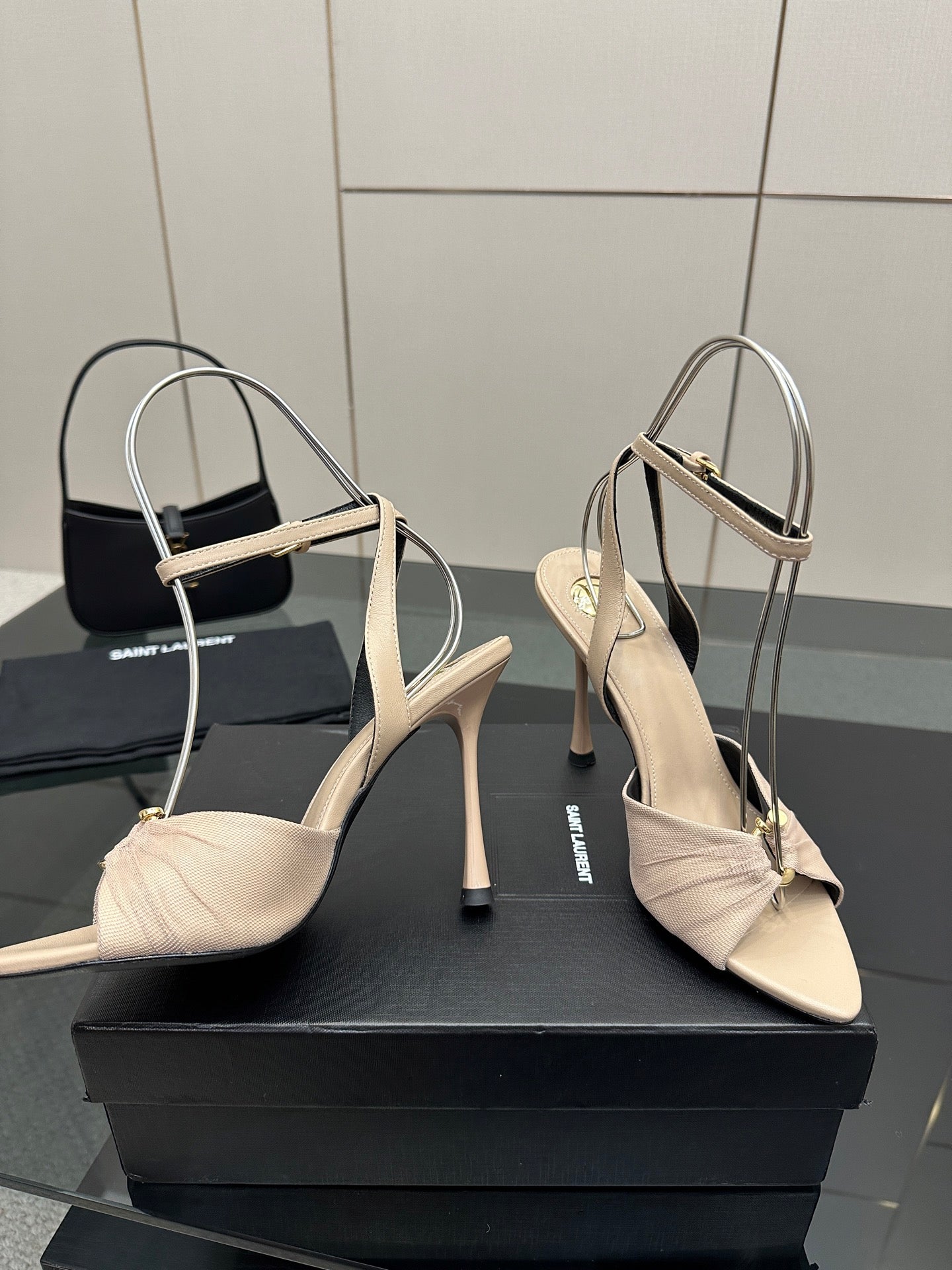 YSL ladies beige strappy heeled sandals with pointed toe and slim heels, close view