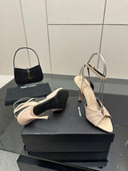 YSL ladies beige strappy heeled sandals with pointed toe and thin stiletto heels