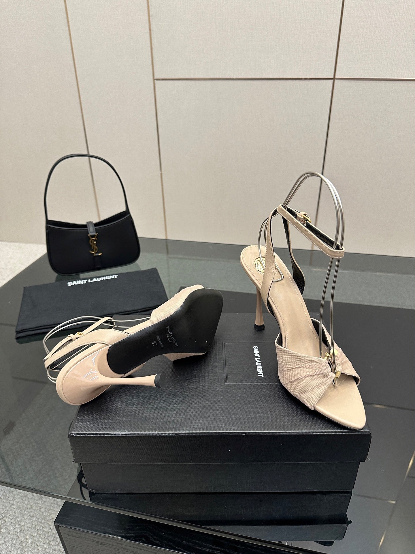 YSL ladies beige strappy heeled sandals with pointed toe and thin stiletto heels