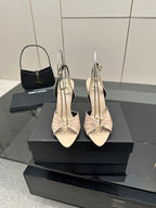 YSL ladies beige strappy heeled sandals with bow detail and pointed toe