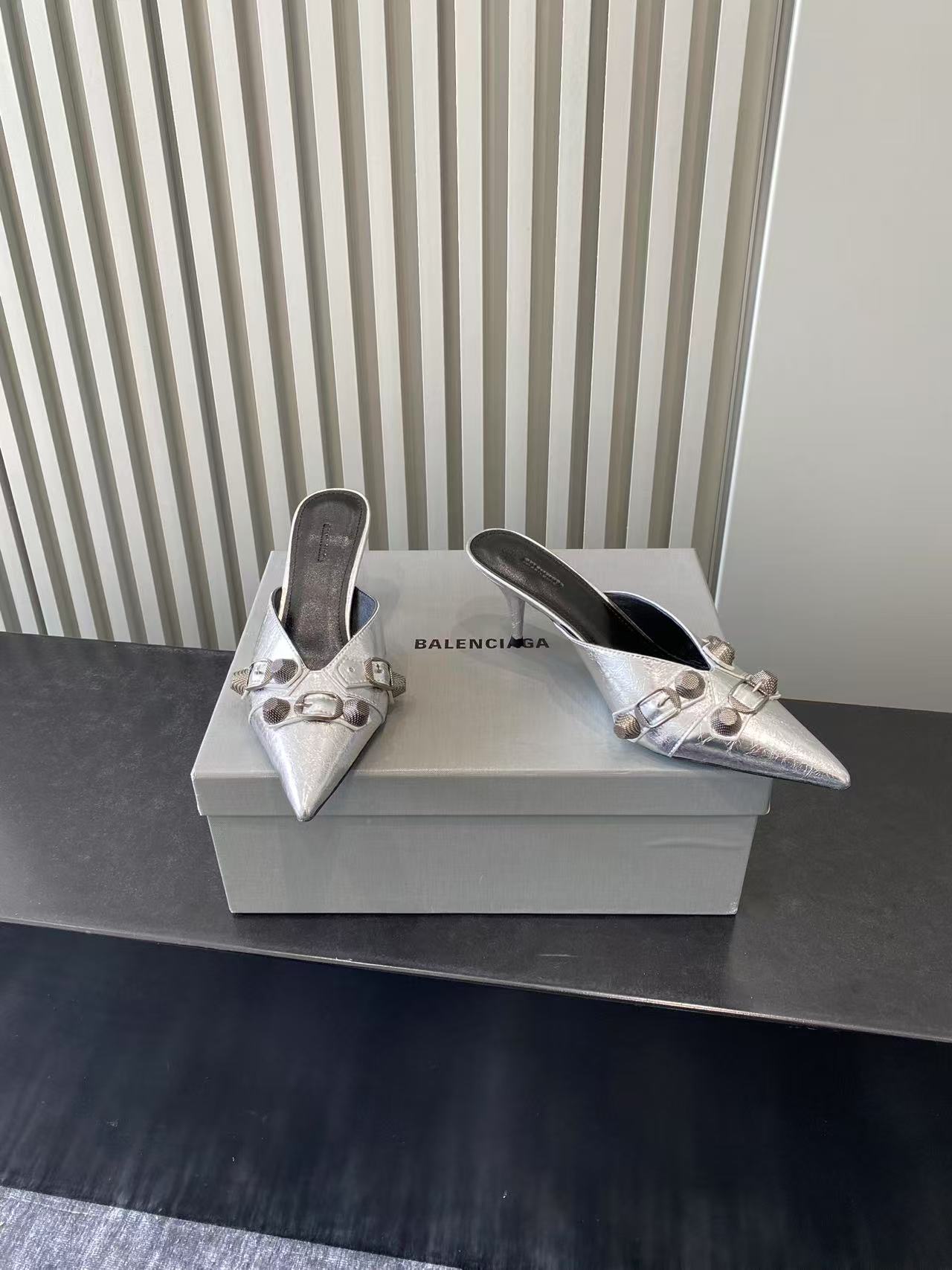 Metallic silver heeled sandals, pointed toe with studded buckle straps