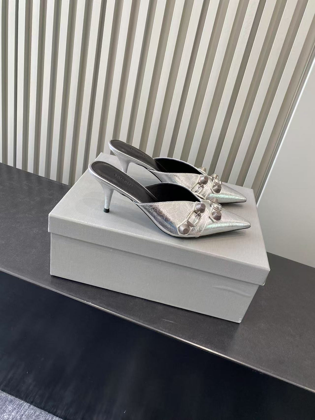 Balenciaga metallic silver heeled sandals, pointed toe with bow-style buckles