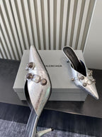 Metallic silver heeled sandals, mesh strap and sculpted high heel