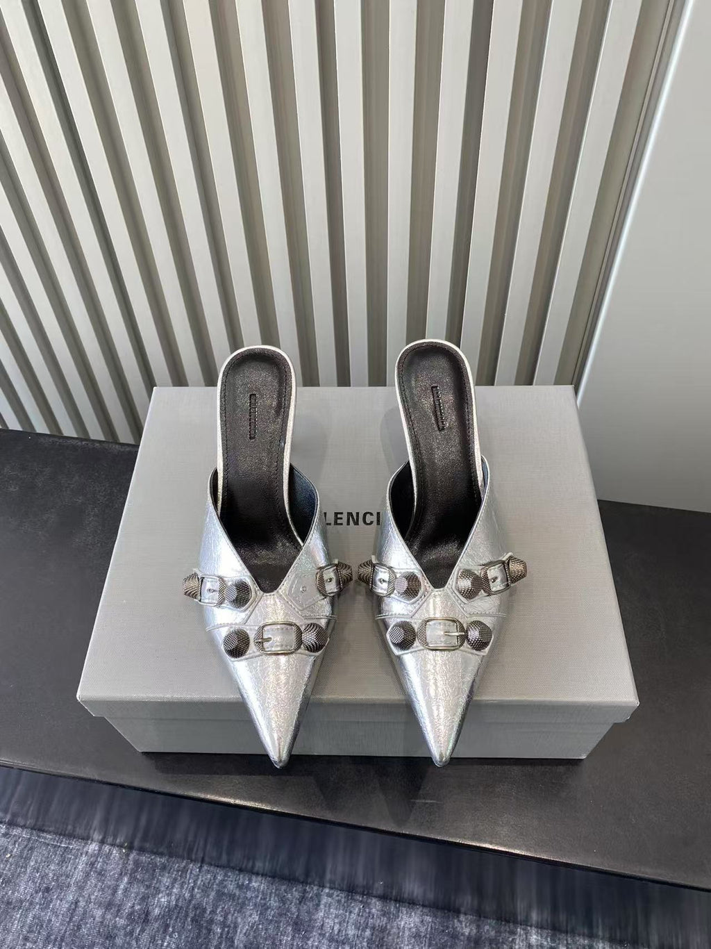 Metallic silver heeled sandals set, pointed toe with multiple buckle straps