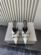 Metallic silver heeled sandals set, pointed toe with multiple buckle straps