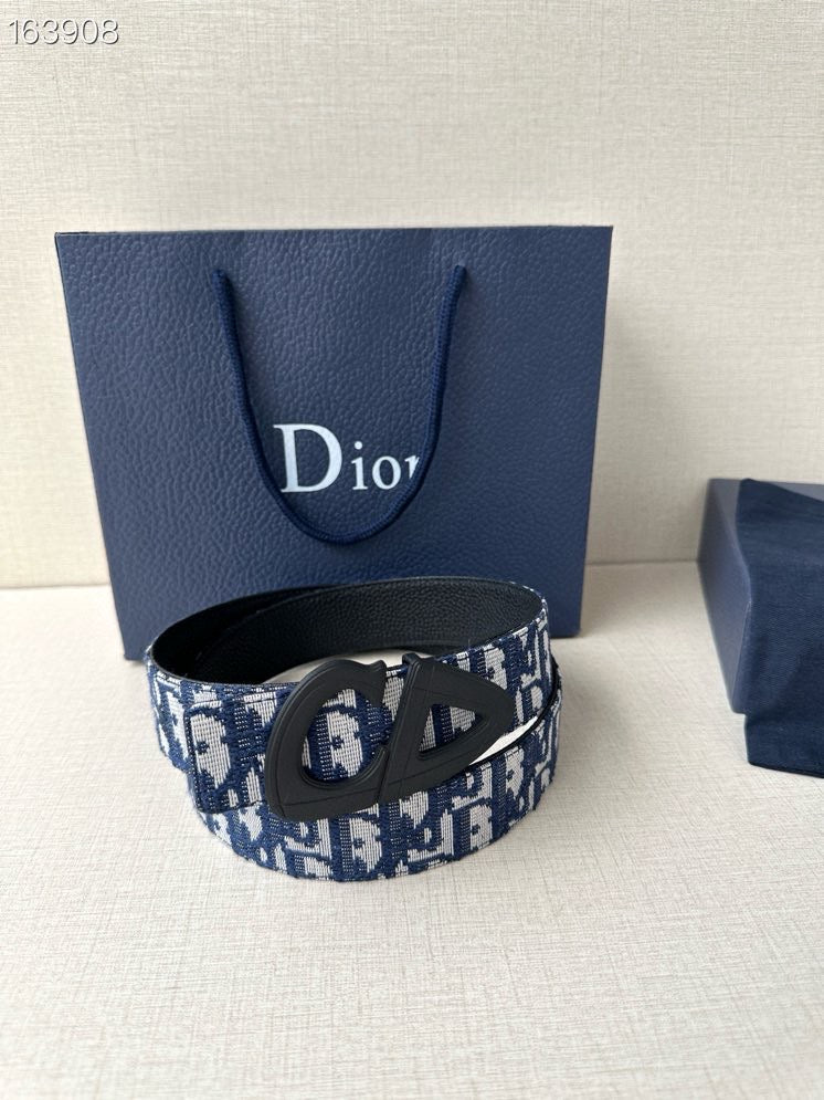 Dior belt with blue/white patterned strap and black logo buckle