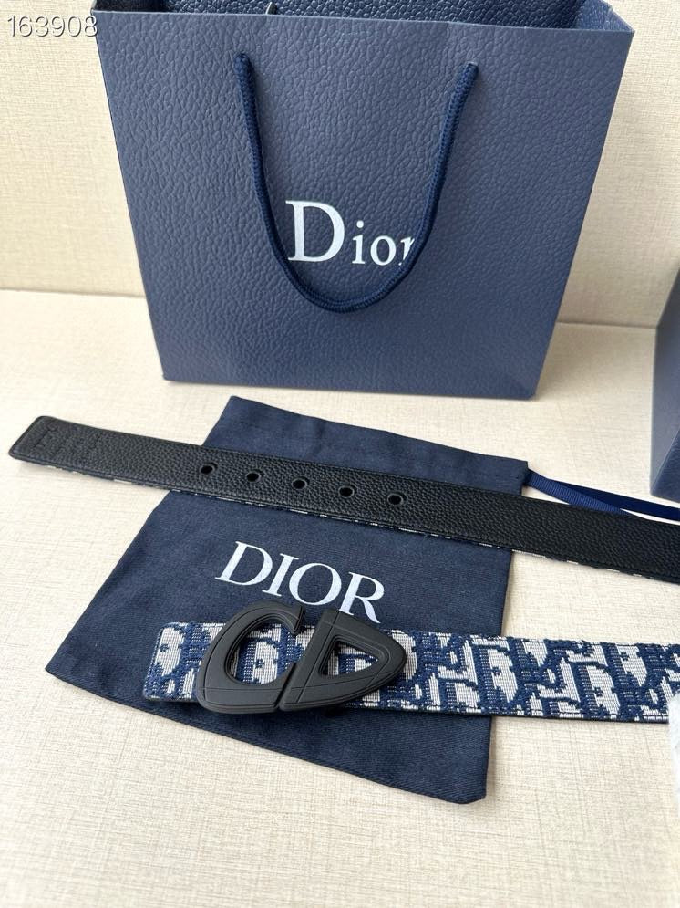 Dior belt strap end with holes and black logo buckle on blue/white webbing