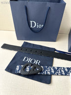 Dior belt strap end with holes and black logo buckle on blue/white webbing