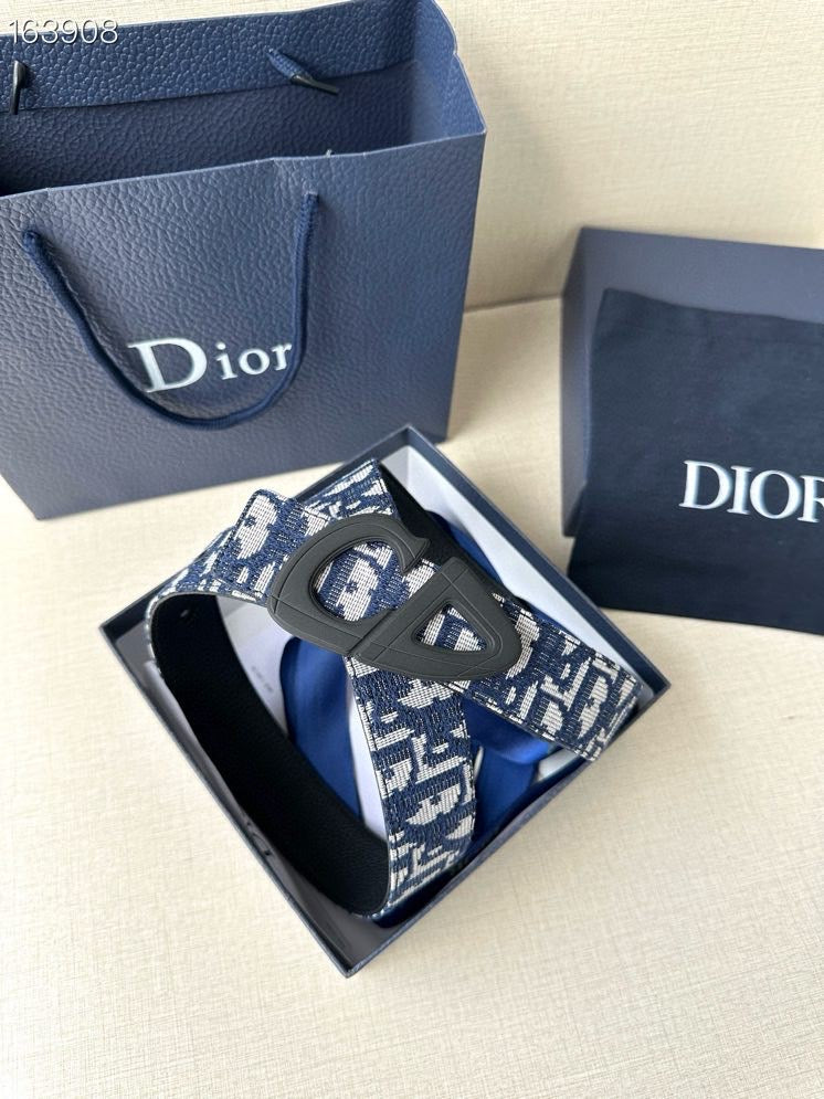 Dior belt detail view: blue/white patterned strap with black logo buckle