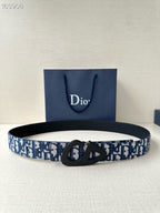 Dior belt in blue/white Dior Oblique webbing with black logo buckle