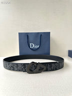 Dior belt with dark monogram strap and black buckle.