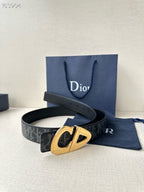 Dior belt with gold-tone buckle and dark monogram strap, front view.