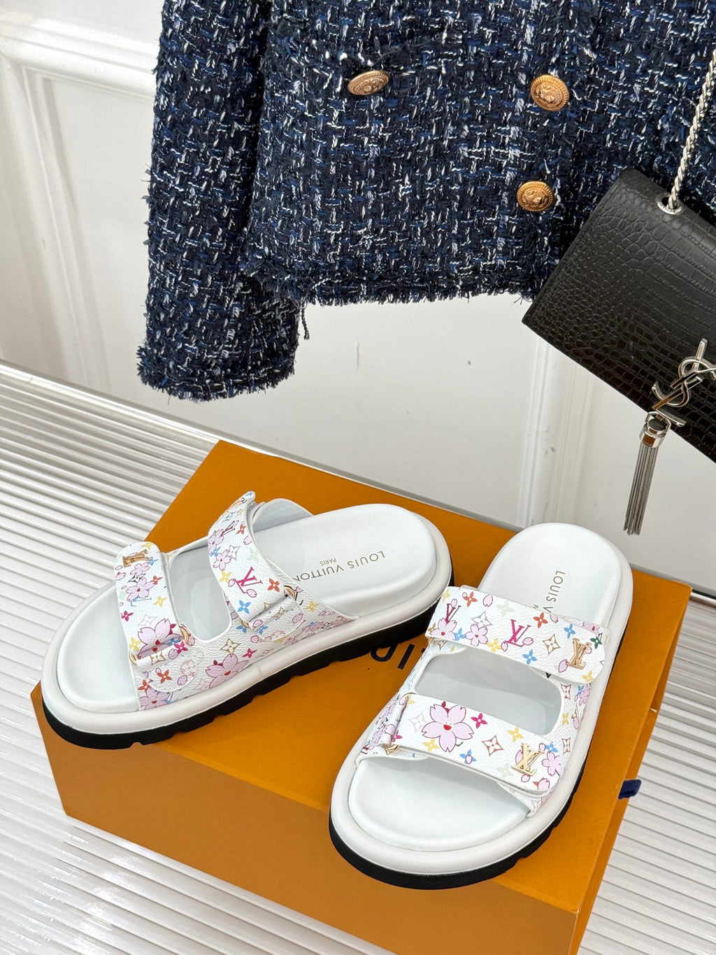 Louis Vuitton ladies luxury shoes, white slide sandals with multicolor print and black sole