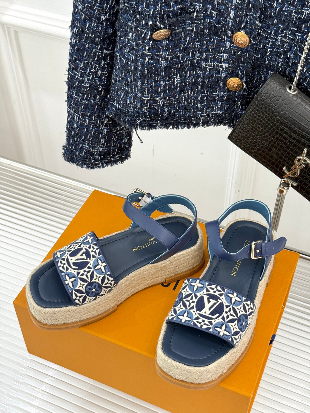 Blue open-toe espadrille sandals with monogram canvas strap and ankle buckle