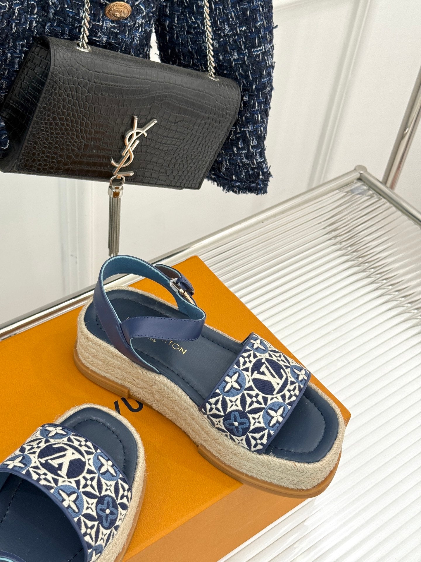 Blue espadrille sandals with monogram canvas strap and flat jute platform sole