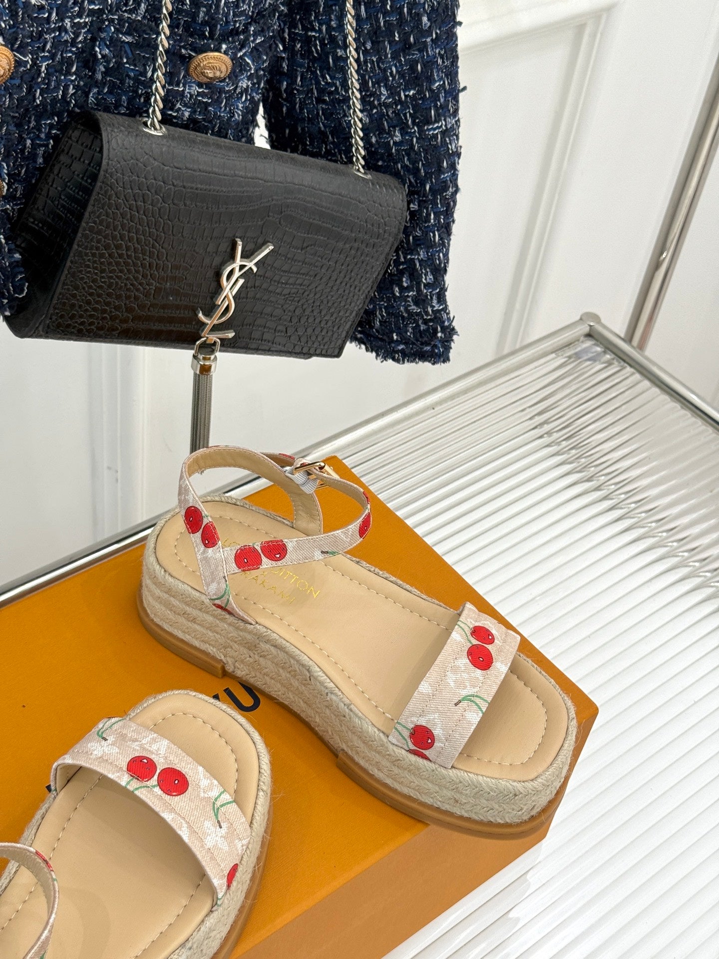 Espadrille platform sandals with cherry-pattern fabric straps and toe cutouts
