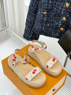Espadrille wedge sandals with cherry print toe straps and jute-textured sole