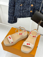 Espadrille platform sandals with beige straps and red cherry print, open toe