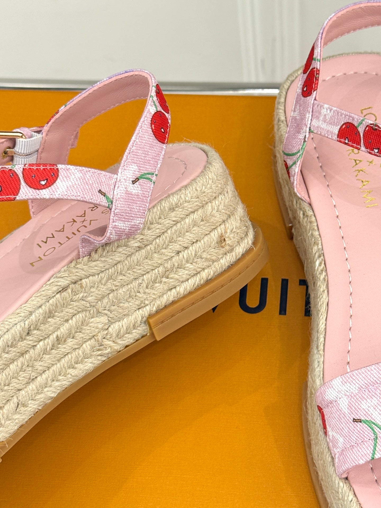 Louis Vuitton ladies pink espadrille sandal with cherry-print toe strap