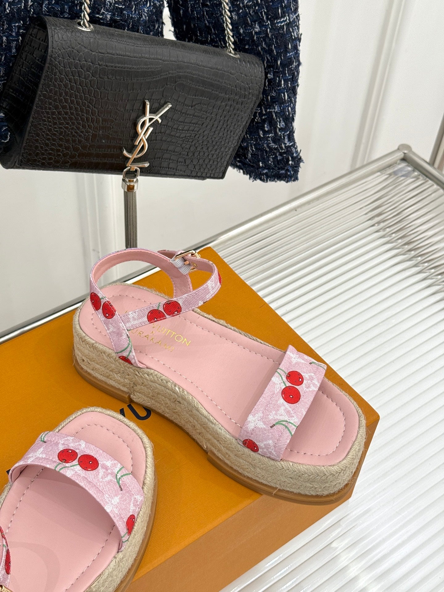 Louis Vuitton ladies pink cherry-print espadrille sandals with double strap and woven sole