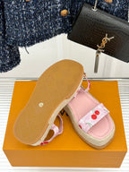 Louis Vuitton ladies pink cherry-print espadrille sandals with tan rubber outsole
