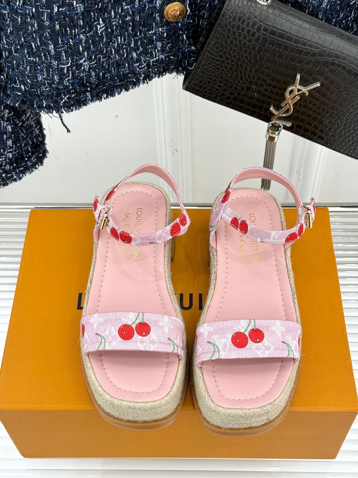 Louis Vuitton ladies pink cherry-print espadrille sandals with scalloped ankle strap
