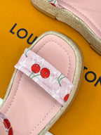 Louis Vuitton ladies pink espadrille sandal with cherry-print hook-and-loop strap