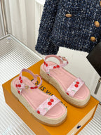 Louis Vuitton ladies pink cherry-print espadrille sandals with open toe and ankle strap