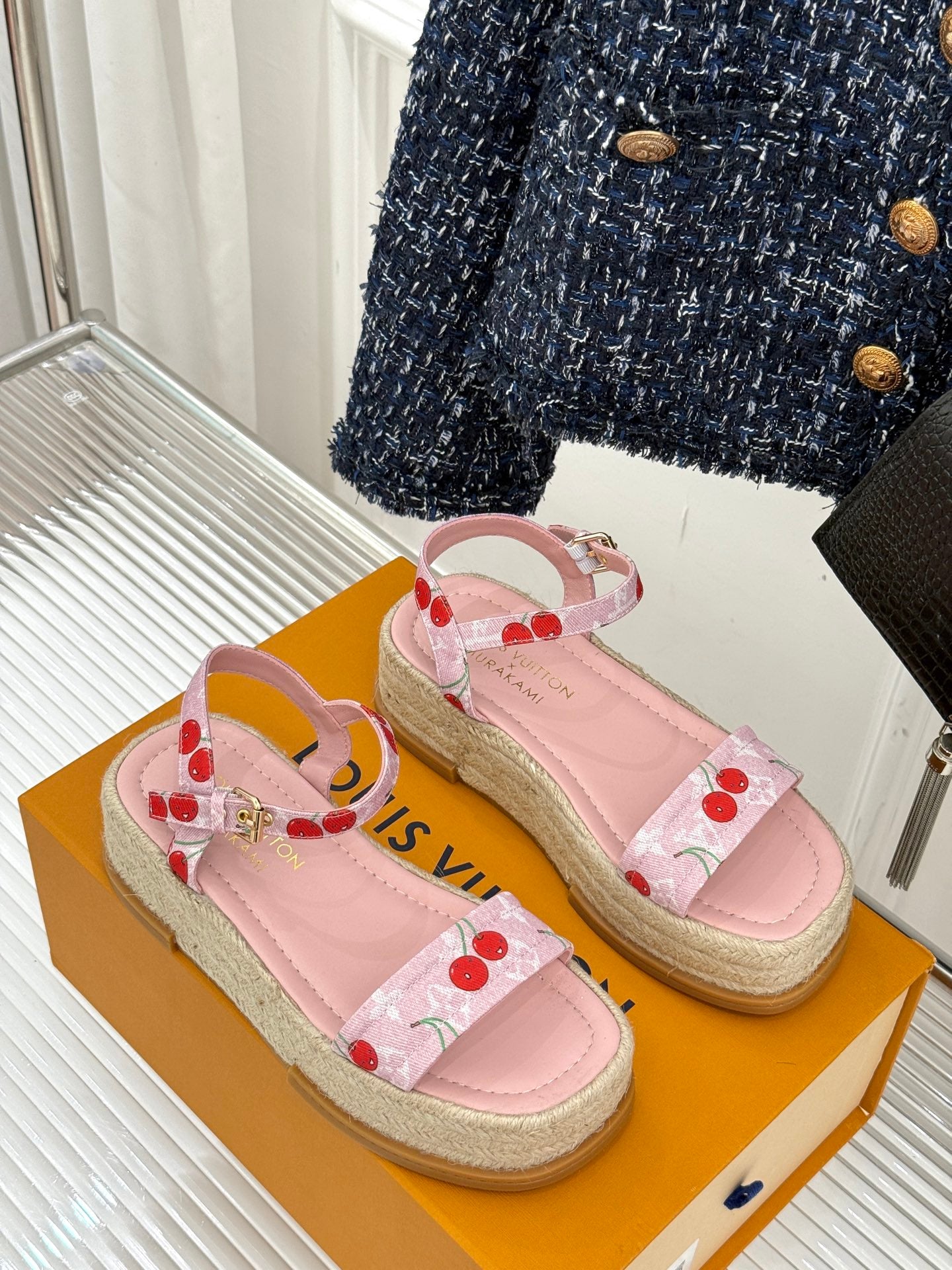 Louis Vuitton ladies pink cherry-print espadrille sandals with open toe and ankle strap