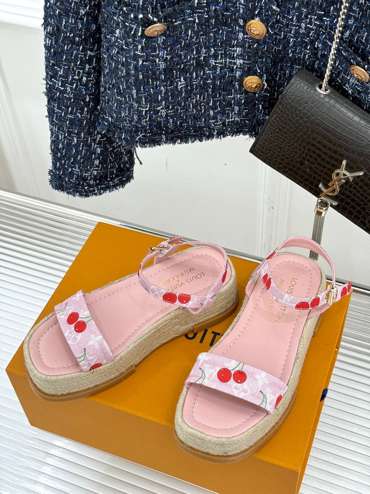 Louis Vuitton ladies pink cherry-print espadrille sandals, woven platform sole