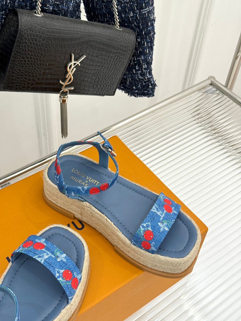 Blue espadrille sandals with cherry-print straps and light braided platform sole