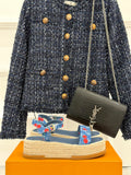 Blue espadrille sandals with cherry-print straps and braided jute sole