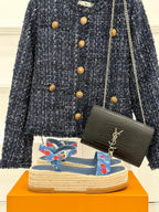Blue espadrille sandals with cherry-print straps and braided jute sole
