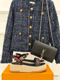 Louis Vuitton black platform espadrille sandals with cherry-pattern straps and ankle buckle.