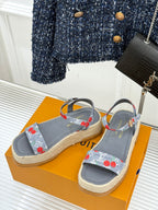 Grey espadrille sandals with cherry-print cross straps and open toe