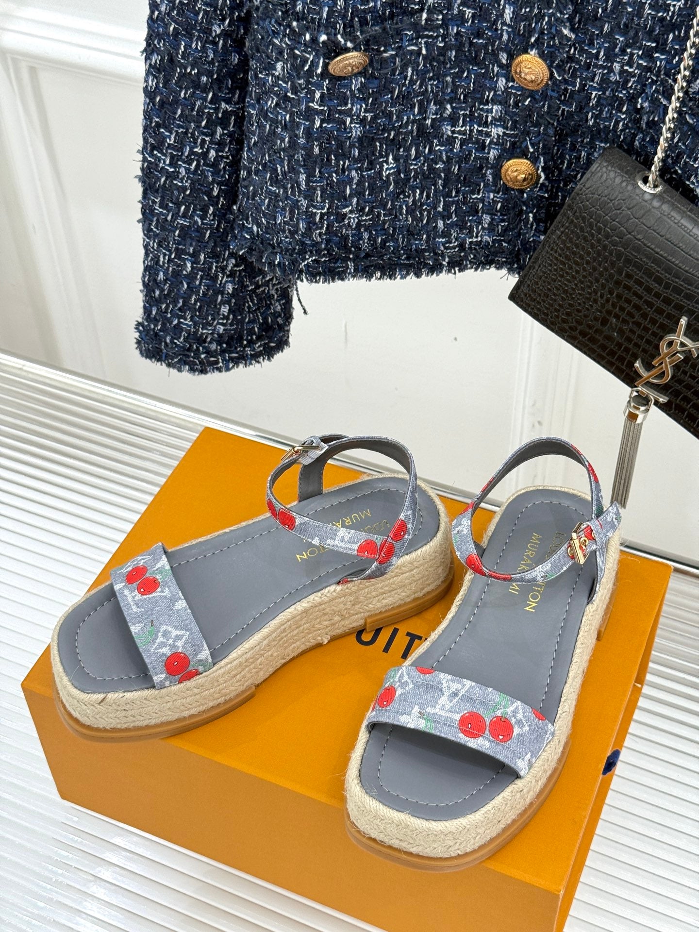 Grey espadrille sandals with cherry-print cross straps and open toe