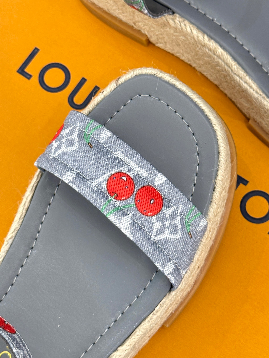 Grey espadrille sandal featuring cherry-print fabric strap detail