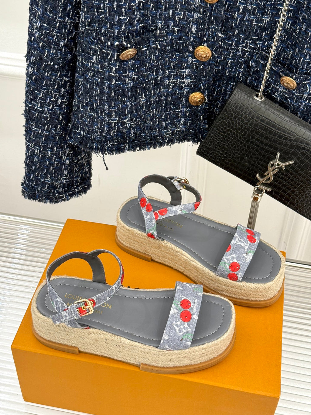 Grey espadrille slide sandals with cherry-print fabric straps