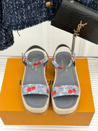 Grey espadrille sandals with cherry-print straps and light espadrille soles