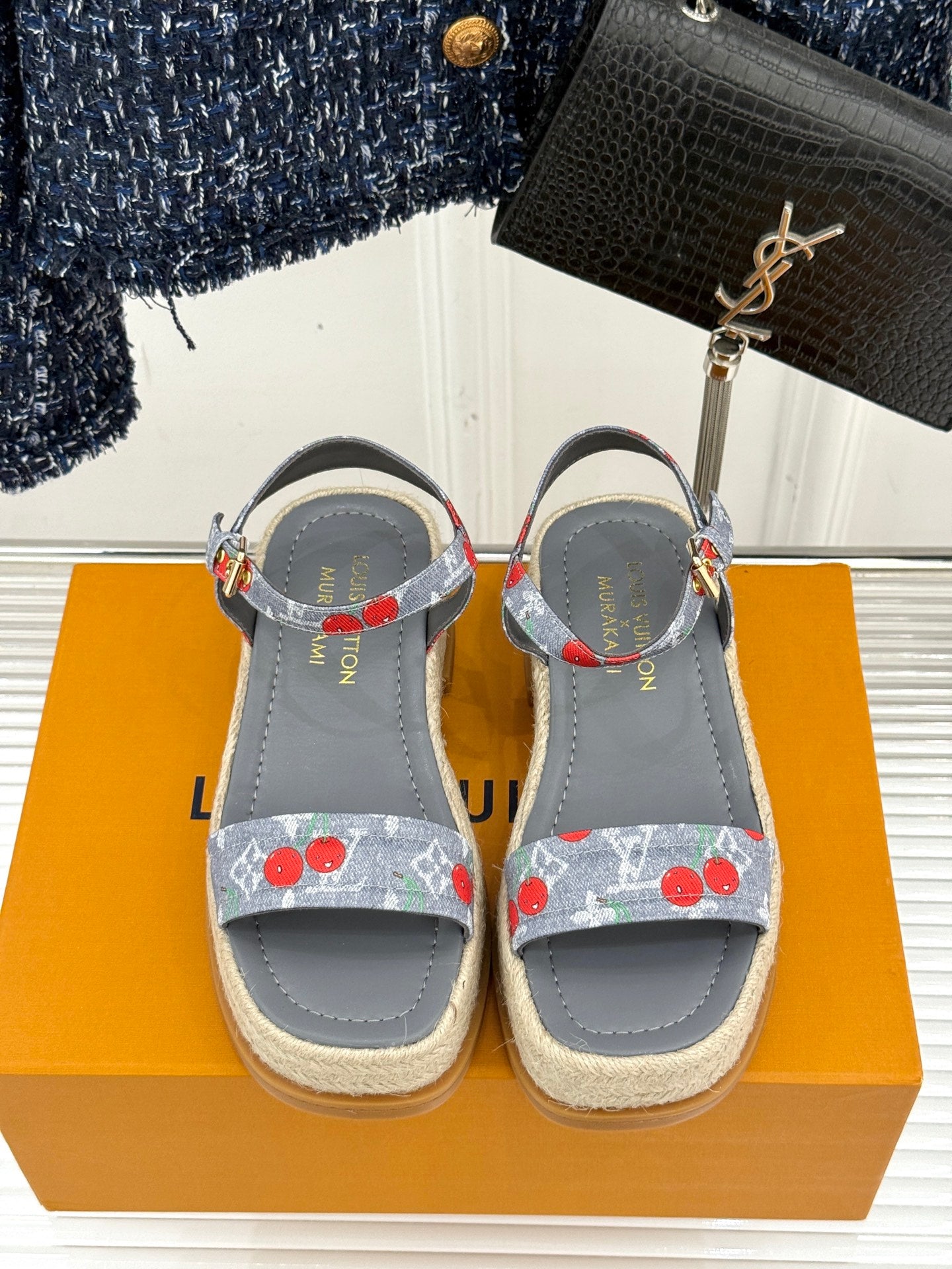 Grey espadrille sandals with cherry-print straps and light espadrille soles