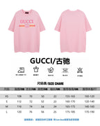 Pink Gucci short-sleeve T-shirt front and back views with size chart