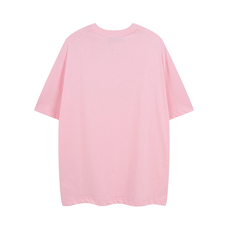 Pink short-sleeve T-shirt back view with plain crew neck