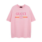 Pink short-sleeve T-shirt with Gucci front logo print and crew neck